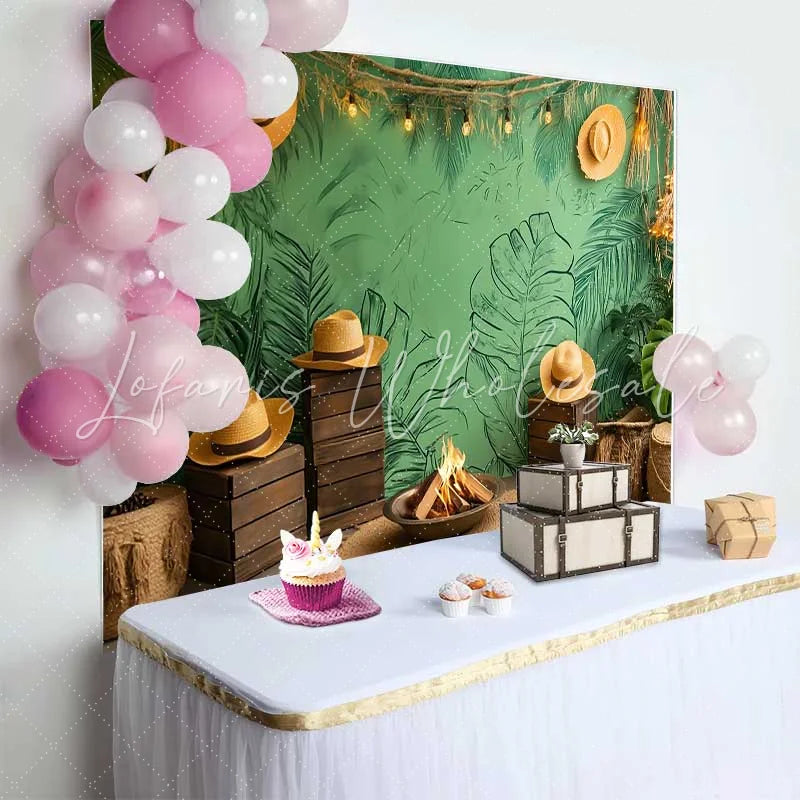 Lofaris Green Tropical Jungle Leaves Birthday Cake Smash Backdrop Rustic Campfire Photo Studio Prop