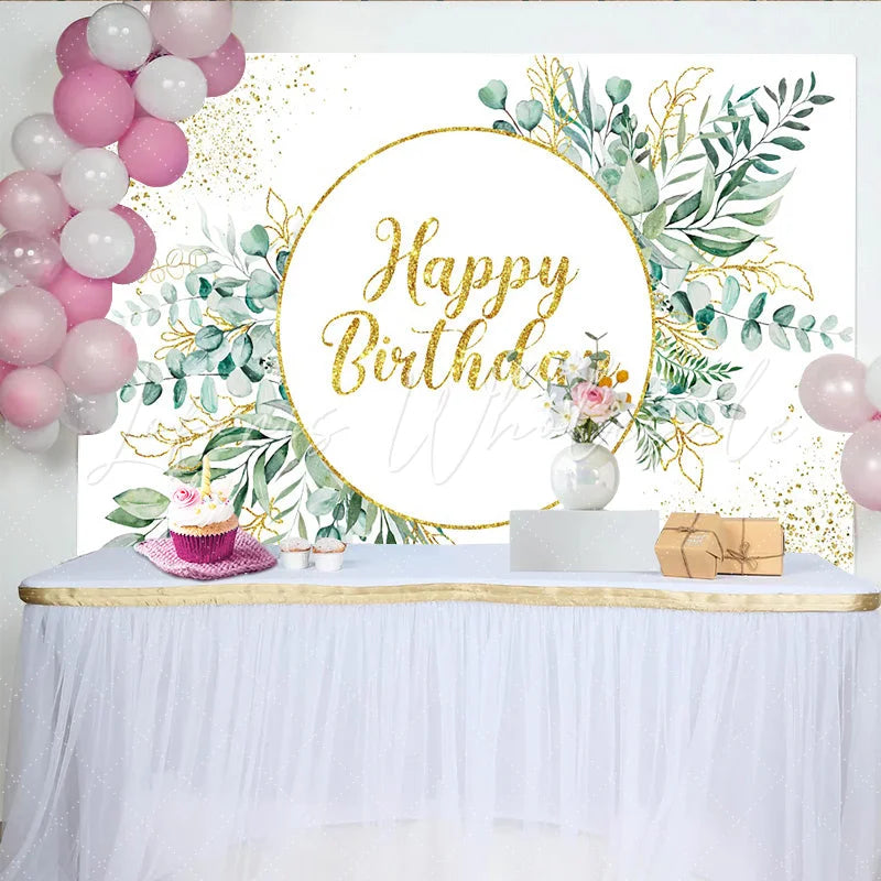Lofaris Greenery Eucalyptus Birthday Backdrop Gold Circular Frame and Glitter Leaf Party Decoration