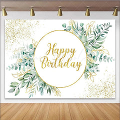 Lofaris Greenery Eucalyptus Birthday Backdrop Gold Circular Frame and Glitter Leaf Party Decoration