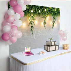Lofaris Greenery String Light Photography Backdrop with White Brick Wall Rustic Studio Background for Photoshoot and Event Decor