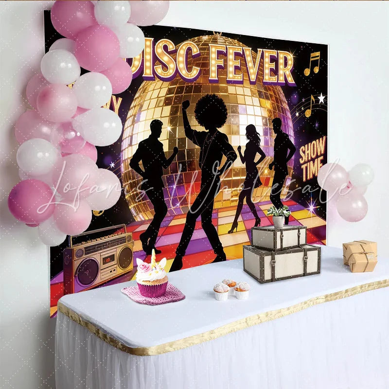 Lofaris Groovy Disco Party Backdrop with Golden Ball and Dancing Silhouettes Colorful Dance Floor Background for Event Photography