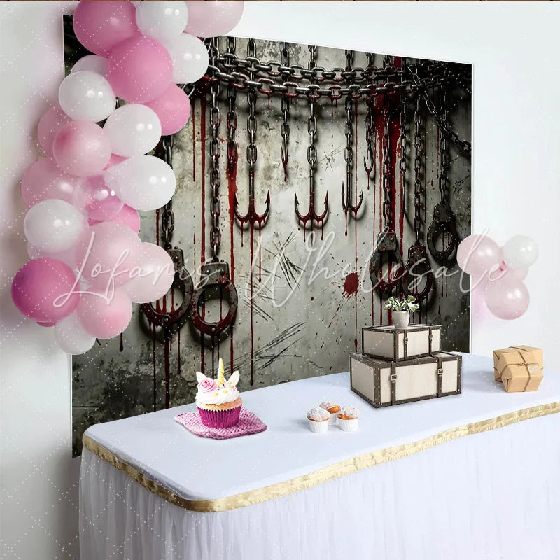 Lofaris Grungy Chains Photography Backdrop with Hooks and Shackles Dark Themed Background for Halloween and Studio Photography.