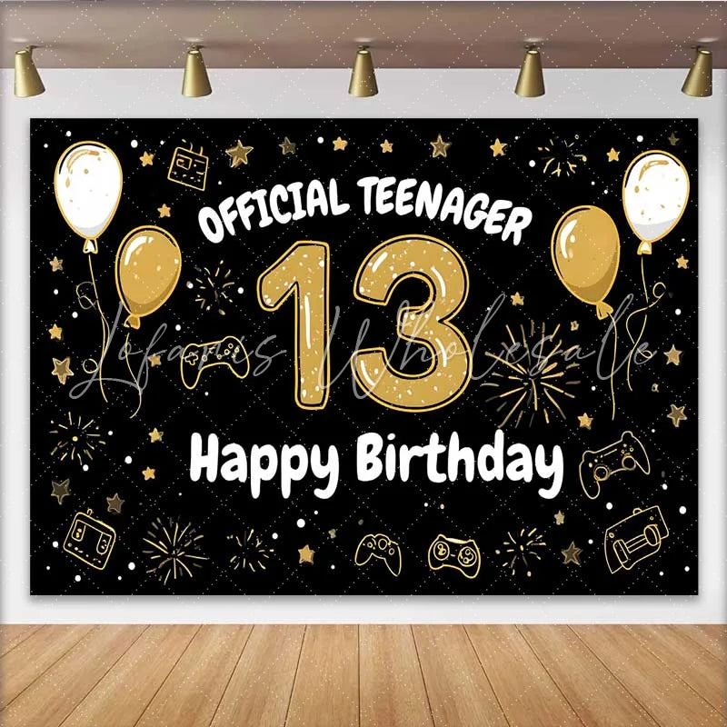 Lofaris Hand Drawn Gold 13th Birthday Backdrop Official Teenager 13 Gaming Theme Party Decoration