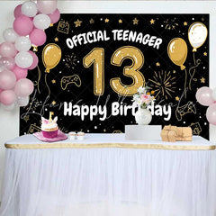Lofaris Hand Drawn Gold 13th Birthday Backdrop Official Teenager 13 Gaming Theme Party Decoration