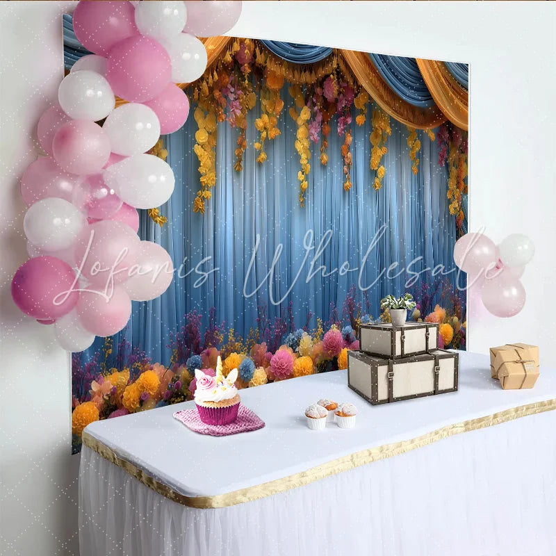 Lofaris Hanging Flower Stage Backdrop Blue Curtains with Yellow Floral Vines Party Photo Banner