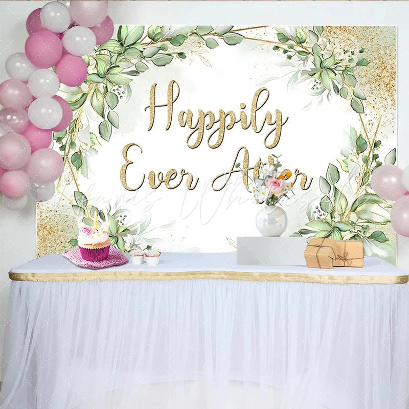 Lofaris Happily Ever After Wedding Backdrop Elegant Greenery and Gold Glitter Photo Booth Background for Event