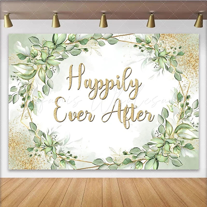 Lofaris Happily Ever After Wedding Backdrop Elegant Greenery and Gold Glitter Photo Booth Background for Event