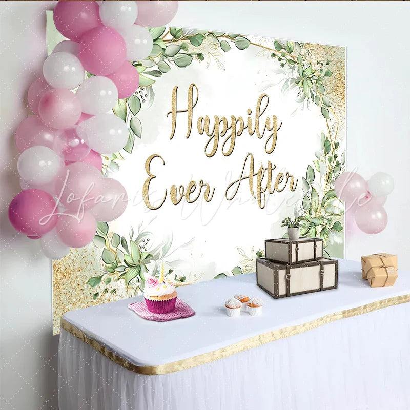 Lofaris Happily Ever After Wedding Backdrop Elegant Greenery and Gold Glitter Photo Booth Background for Event
