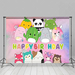 Lofaris Happy Birthday Backdrop Cute Plush Toy Animals Banner Pink Watercolor Kawaii Party Supplies for Girls