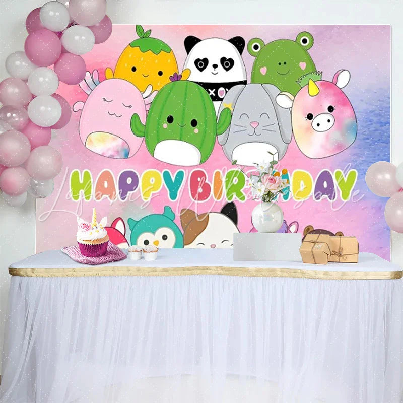 Lofaris Happy Birthday Backdrop Cute Plush Toy Animals Banner Pink Watercolor Kawaii Party Supplies for Girls