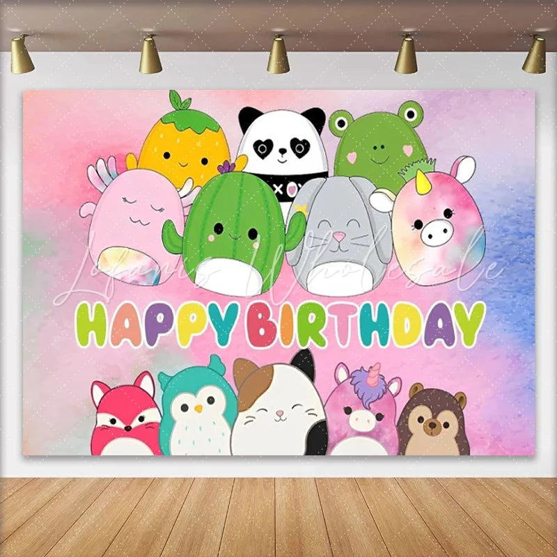 Lofaris Happy Birthday Backdrop Cute Plush Toy Animals Banner Pink Watercolor Kawaii Party Supplies for Girls