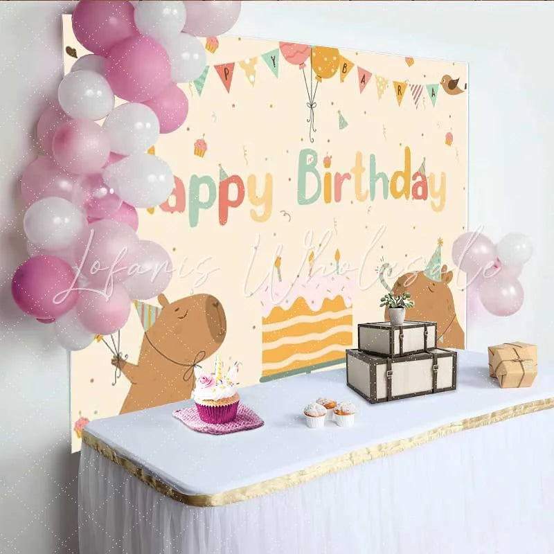 Lofaris Happy Birthday Capybara Backdrop Cute Animal and Cake Party Background for Kids Birthday
