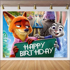 Lofaris Happy Birthday Cartoon Animal Backdrop with City Street Scene Vibrant Party Background for Kids Celebrations and Photo Booth