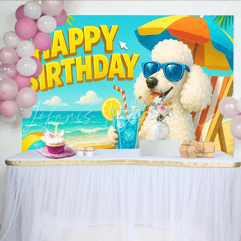 Lofaris Happy Birthday Cartoon Poodle Backdrop with Blue Sunglasses and Beach Scene Vibrant Summer Party Background for Kids Photoshoot