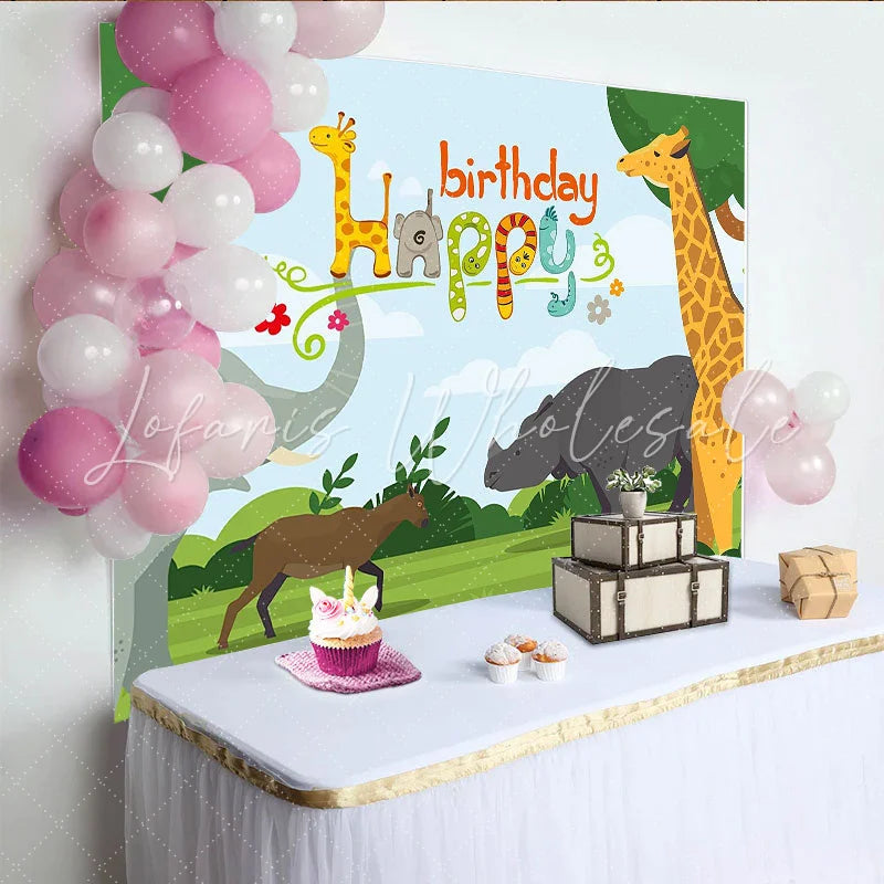 Lofaris Happy Birthday Cartoon Safari Backdrop with Giraffe and Elephant Jungle Animal Theme Background for Kids Party Photoshoot