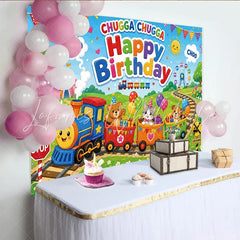 Lofaris Happy Birthday Cartoon Train Backdrop with Cute Animals Colorful Festive Background for Children’s Party Decoration