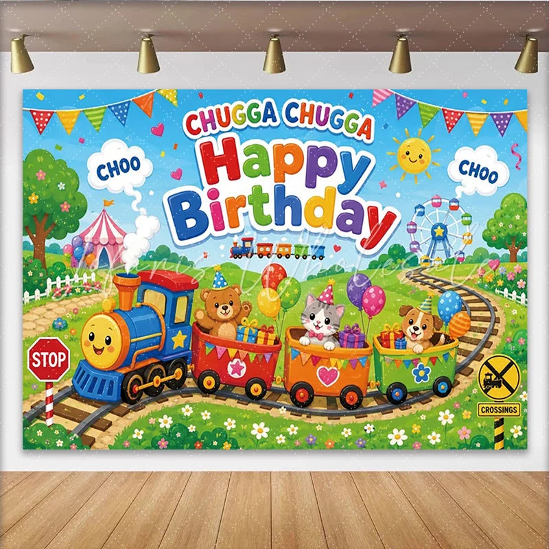 Lofaris Happy Birthday Cartoon Train Backdrop with Cute Animals Colorful Festive Background for Children’s Party Decoration