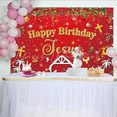 Lofaris Happy Birthday Jesus Christmas Backdrop Red Nativity Scene Manger Religious Background Holy Night Church Event Banner