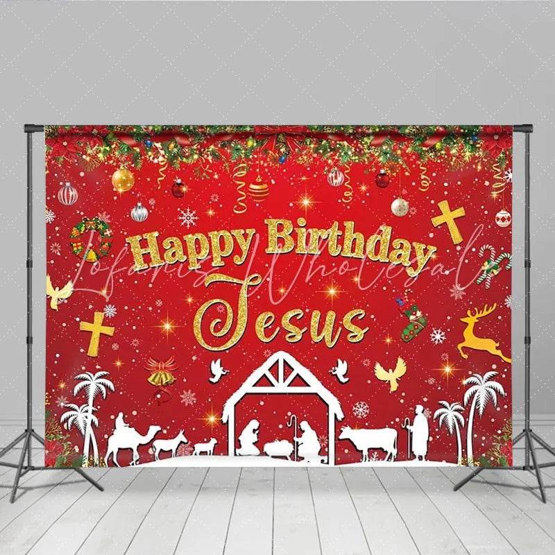 Lofaris Happy Birthday Jesus Christmas Backdrop Red Nativity Scene Manger Religious Background Holy Night Church Event Banner