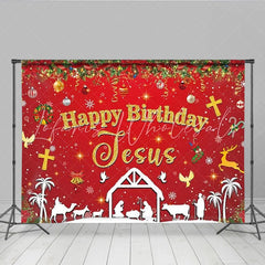Lofaris Happy Birthday Jesus Christmas Backdrop Red Nativity Scene Manger Religious Background Holy Night Church Event Banner