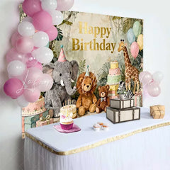 Lofaris Happy Birthday Jungle Safari Animals Backdrop Watercolor Elephant Lion Giraffe and Balloons Party Decor