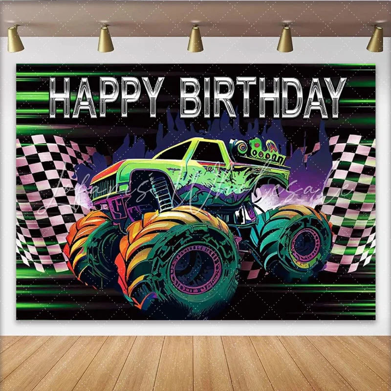 Lofaris Happy Birthday Monster Truck Backdrop Green Racing Car Banner Checkered Flag Party Supplies for Boy Photo Booth