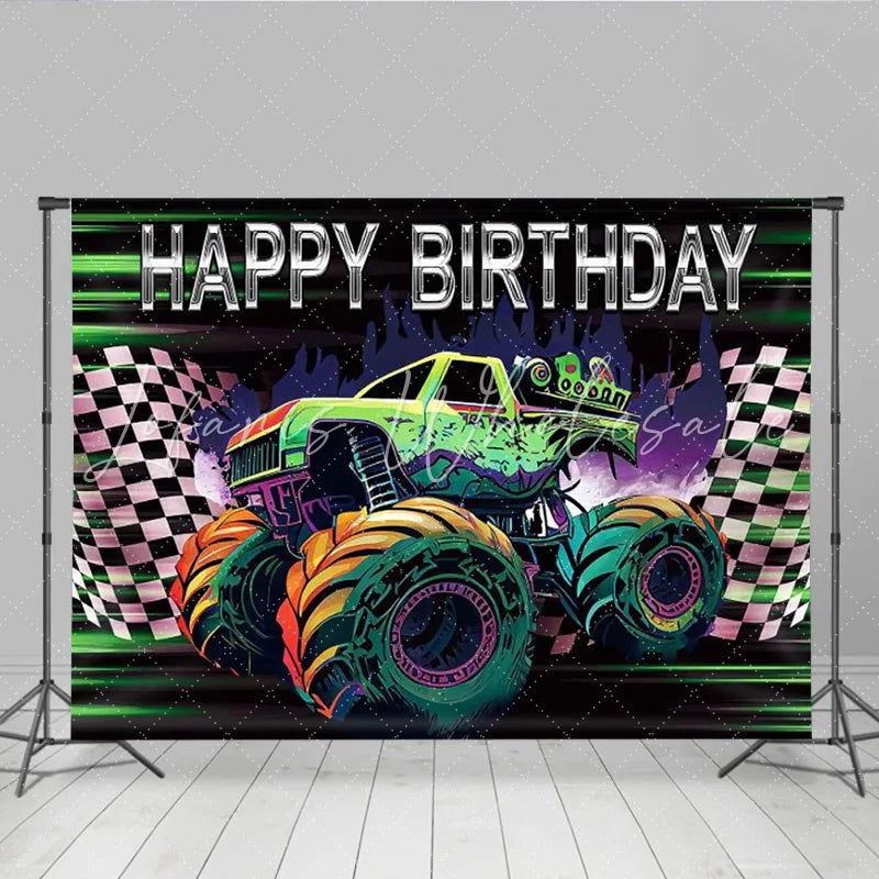 Lofaris Happy Birthday Monster Truck Backdrop Green Racing Car Banner Checkered Flag Party Supplies for Boy Photo Booth