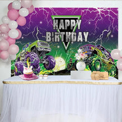 Lofaris Happy Birthday Monster Truck Backdrop Purple Lightning Skull Truck Banner Racing Car Theme Party Supplies for Boy