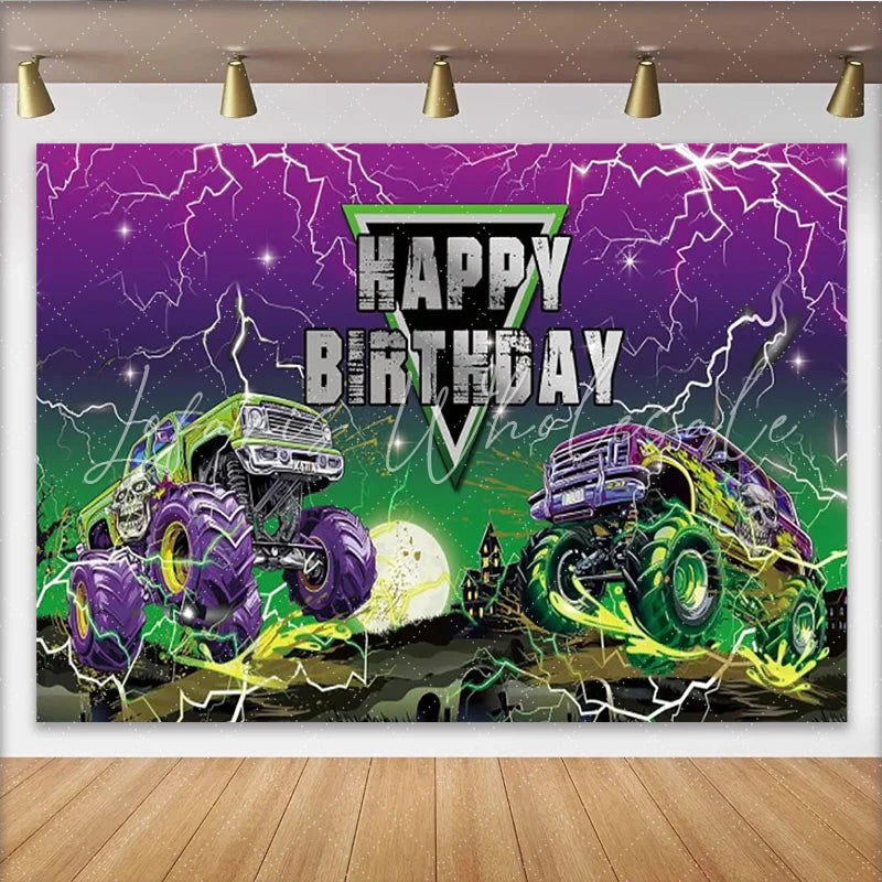 Lofaris Happy Birthday Monster Truck Backdrop Purple Lightning Skull Truck Banner Racing Car Theme Party Supplies for Boy