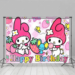 Lofaris Happy Birthday Pink Bunny Backdrop Cute Cartoon Rabbit Banner Strawberry Pink Party Supplies for Girl Birthday