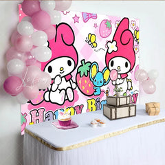 Lofaris Happy Birthday Pink Bunny Backdrop Cute Cartoon Rabbit Banner Strawberry Pink Party Supplies for Girl Birthday