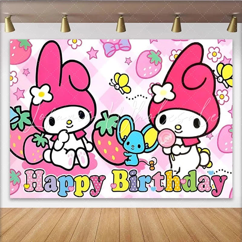 Lofaris Happy Birthday Pink Bunny Backdrop Cute Cartoon Rabbit Banner Strawberry Pink Party Supplies for Girl Birthday