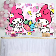 Lofaris Happy Birthday Pink Bunny Backdrop Cute Cartoon Rabbit Banner Strawberry Pink Party Supplies for Girl Birthday
