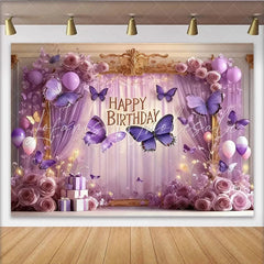 Lofaris Happy Birthday Purple Butterfly Party Backdrop with Elegant Roses and Balloons Gold Frame Decor