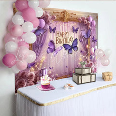 Lofaris Happy Birthday Purple Butterfly Party Backdrop with Elegant Roses and Balloons Gold Frame Decor