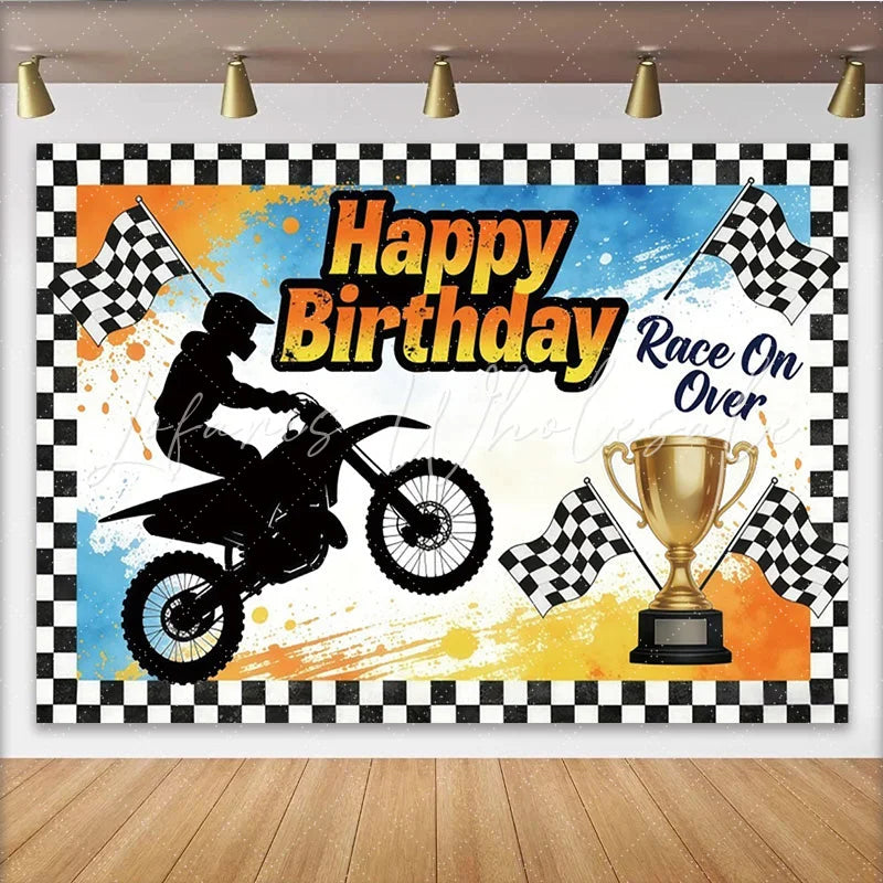 Lofaris Happy Birthday Racing Motorcycle Backdrop for Boys Dynamic Party Decor with Checkered Flags and Trophy
