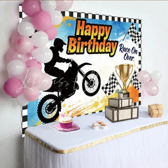 Lofaris Happy Birthday Racing Motorcycle Backdrop for Boys Dynamic Party Decor with Checkered Flags and Trophy
