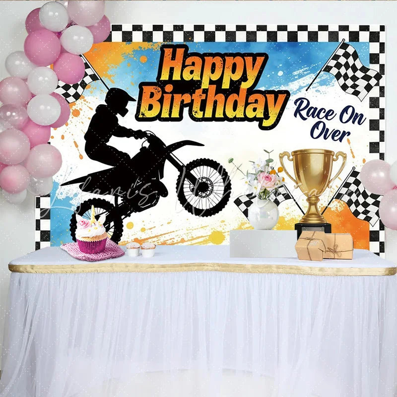 Lofaris Happy Birthday Racing Motorcycle Backdrop for Boys Dynamic Party Decor with Checkered Flags and Trophy