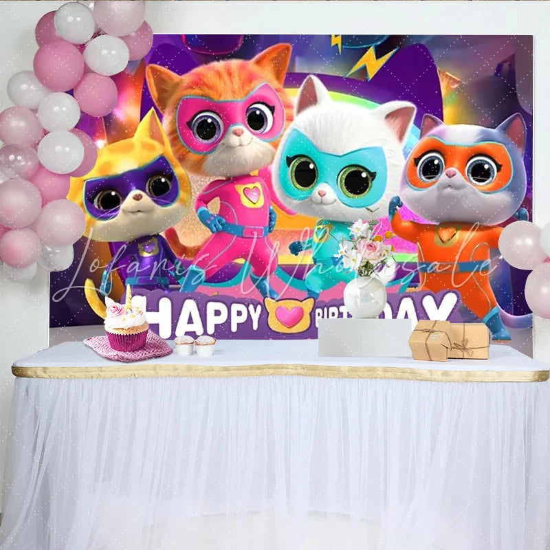 Lofaris Happy Birthday Superhero Cats Backdrop Kitten Super Team Banner Cartoon Animals Party Supplies for Kids Birthday