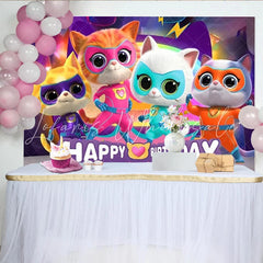 Lofaris Happy Birthday Superhero Cats Backdrop Kitten Super Team Banner Cartoon Animals Party Supplies for Kids Birthday
