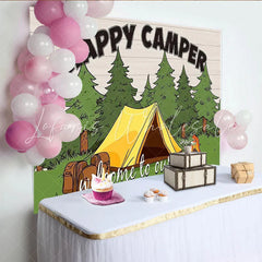 Lofaris Happy Camper Camping Photography Backdrop with Tent and Trees Outdoor Adventure Theme Photo Background for Studio Photoshoot