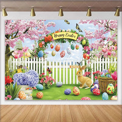 Lofaris Happy Easter Garden Backdrop with Cherry Blossoms and Rabbit Colorful Eggs and Spring Flowers Photo Background