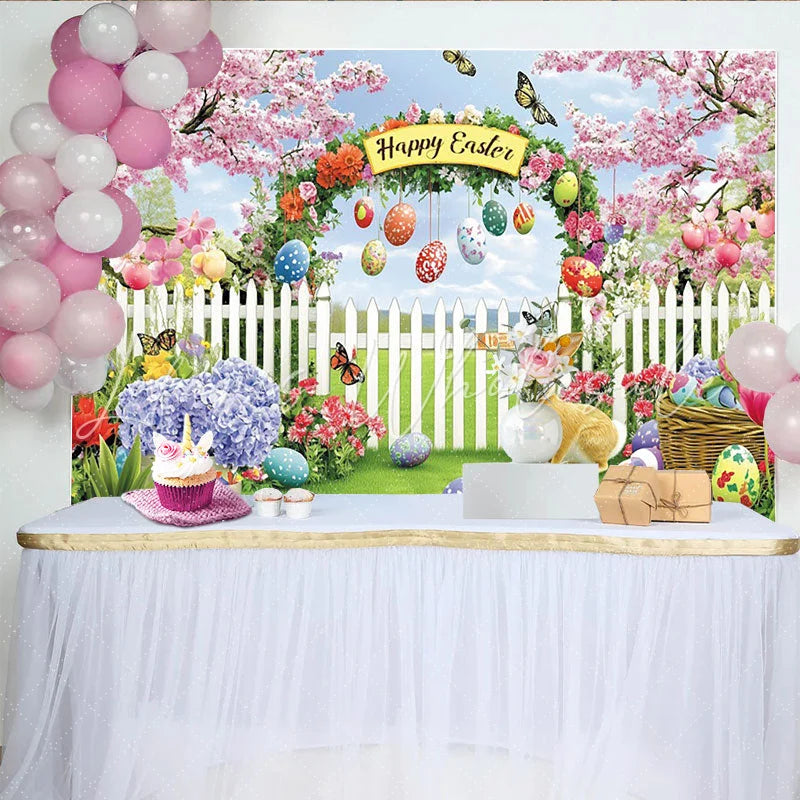 Lofaris Happy Easter Garden Backdrop with Cherry Blossoms and Rabbit Colorful Eggs and Spring Flowers Photo Background