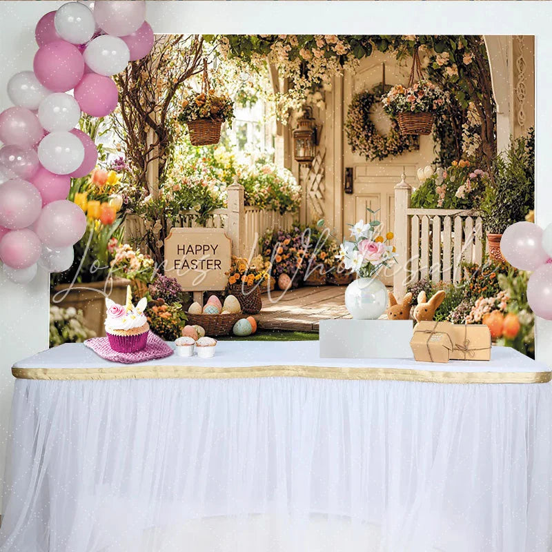 Lofaris Happy Easter Porch Backdrop with Bunnies Eggs and Spring Flowers Festive Photography Background for Holiday Decor