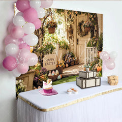Lofaris Happy Easter Porch Backdrop with Bunnies Eggs and Spring Flowers Festive Photography Background for Holiday Decor