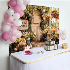 Lofaris Happy Easter Spring Floral Photography Backdrop with Bunnies and Eggs Rustic Fence Background for Holiday Party Decor.