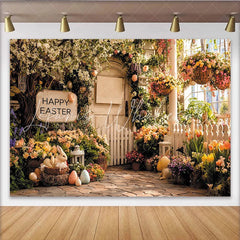 Lofaris Happy Easter Spring Floral Photography Backdrop with Bunnies and Eggs Rustic Fence Background for Holiday Party Decor.