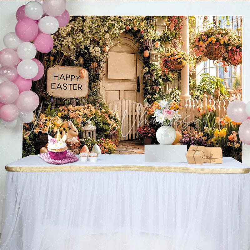 Lofaris Happy Easter Spring Floral Photography Backdrop with Bunnies and Eggs Rustic Fence Background for Holiday Party Decor.