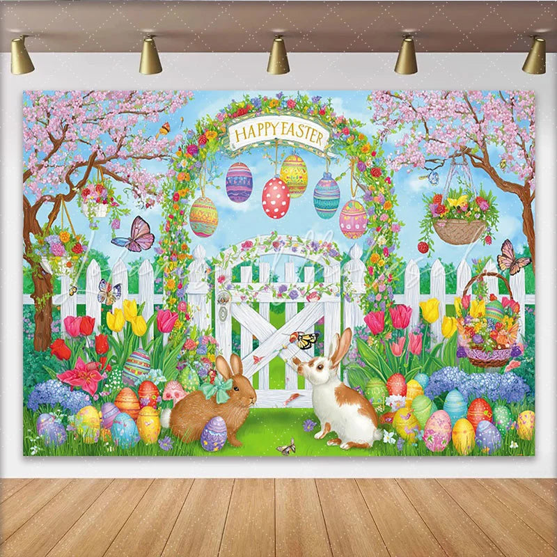 Lofaris Happy Easter Spring Garden Backdrop with Cute Bunnies Eggs Festive Photography Background for Party Decor Photoshoot