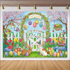 Lofaris Happy Easter Spring Garden Backdrop with Cute Bunnies Eggs Festive Photography Background for Party Decor Photoshoot